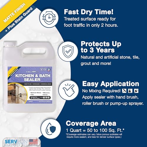 Serveon Sealants Kitchen & Bathroom Sealer Plus Stain Guard (Matte Finish - 1 Quart, 32 Ounce) Commercial Grade Tile Grout Waterproof Sealant - Granite Countertop Natural Stone Shower Floors H2900C
