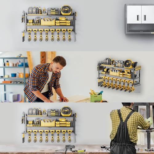 Power Tool Organizer - 3 Layer 8 Drill Holder Wall Mount, Storage Rack for Garage Organization, Large Tool Shelf, Gifts for Him Men Dad Husband Anniversary Fathers Day, Cool Gadget Stocking Stuffer - size: Jet Black/Y