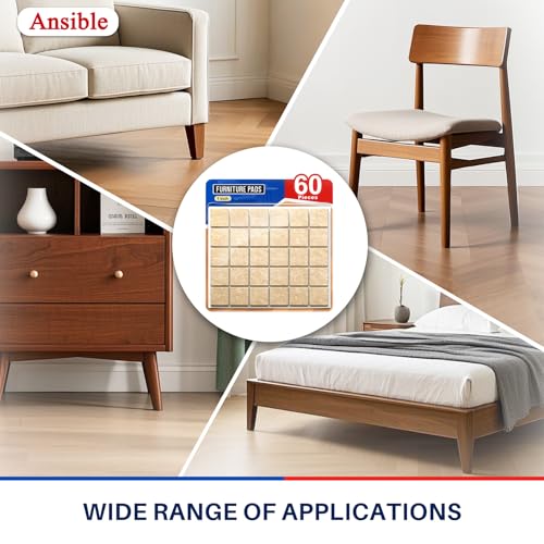Ansible 60 PCS Felt Furniture Pads 1", Felt Pads for Chair Leg Floor Protectors for Hardwood Floors Square (Beige) - size: 60 PCS 1" Beige, Square