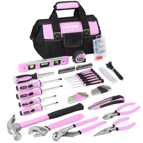 FASTPRO 215-Piece Home Repairing Tool Set with 12-Inch Wide Mouth Open Storage Bag, Household Hand Tool Kit, Pink - color: Pink