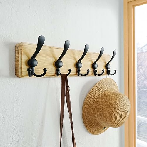 Dseap Coat Rack Wall Mount - Heavy-Duty Robust Rustic Wooden Wall Coat Hanger Hook Rail with 5 Triple Hooks for Winter Coats Hat Jacket Clothing, Light Brown & Black, Pack of 2 - color: Light Brown & Black, size: L=17.4"