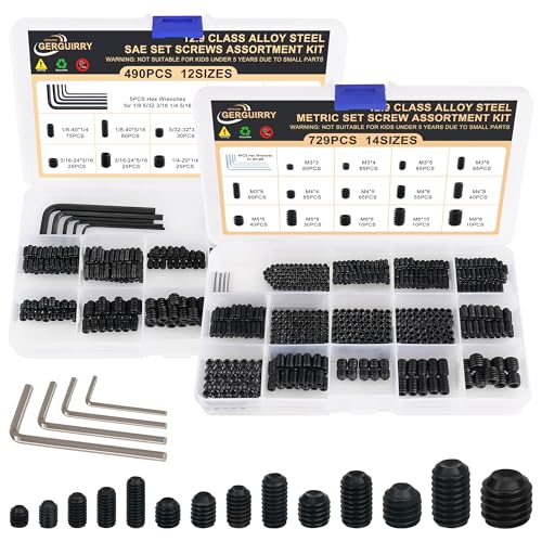 1219Pcs 26Sizes Set Screw Assortment Kit Metric & SAE 12.9 Class Alloy Steel Grub Screws, Internal Hex Allen Drive Cup Point Set Screws for Bathroom Fixtures Door Handles (M3-M8, 1/8"-40 to 5/16"-18) - size: 1219PCS 26Size