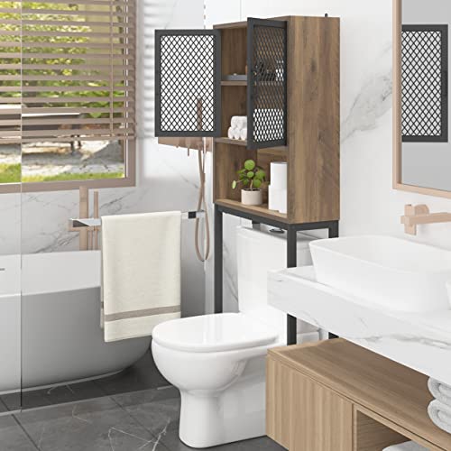 Launica Bathroom Organizer Over Toilet, Over The Toilet Storage Cabinet, Wood Metal Bathroom Space Saver Stand Behind Toilet, Industrial Freestanding Rack Above Toilet with Shelf, Rustic Oak - color: Rustic Oak
