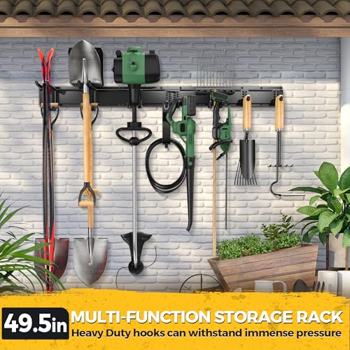 LBT 49.5"Garage Tool Organizer Wall Mount 500lbs Garden Tool Organizer for Garage with Adjustable Hooks,Heavy Duty Yard Tool Storage Rack, Anti-Rust Shed Rack Holder Hanging Rake Broom Mower Snowboard - size: 49.5inch