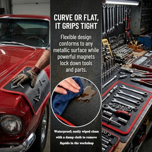 Magnetic Tool Mat 3 Pack, Non-Slip Flexible Pad for Tools, Heavy Duty 40 lbs Parts Holder with PVC Protection, Tool Organizer for Mechanic, Auto Repair and Garage Workshop (Red)