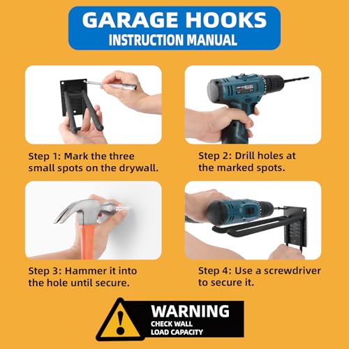 6 Pack Garage Hooks 10 INCH Heavy Duty Two-Tier Steel Shed Wall Mount Workshop Garage Storage Tool Organizer Hooks for Hanging Garden Tool, Hose, Ladder, Chairs, Bikes with Anti-Slip Coating