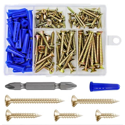 Wensilon (150Pcs) Yellow Zinc Wood Screw Quick Metal Self Tapping Flat Head with Drywall Plastic Anchors kit - size: Yellow Flat Head Wood Screws