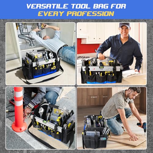 18 Inch Open Top Tool Bag, Tool Bags for Men with 30 Pockets, 1680D Waterproof Fabric, Foldable Electrician Tool Bag with Rotating Handle, Reflective Tool Organizer for Men, Blue - color: Black-Blue