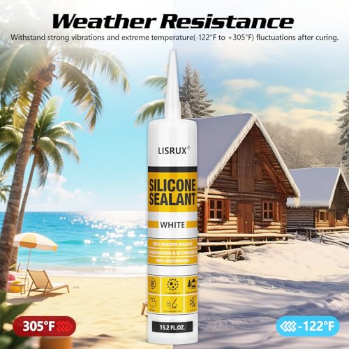 LISRUX Advanced Silicone Caulk for Window & Door, White, 15.2 fl oz Cartridge, 12 Pack - 100% Waterproof Silicone Sealant Indoor Outdoor Caulking, UV Resistant, Stronger Adhesion, Shrink & Crack Proof - size: 12P