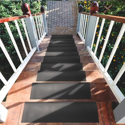 Ottomanson Outdoor Rubber Stair Treads – Dots Heavy-Duty Non-Slip Stair Mats – Best Grip on Concrete, Brick & Textured Step – Fastening Recommended for Wooden & RV Steps, Pack of 5 - color: Black Grip Dots