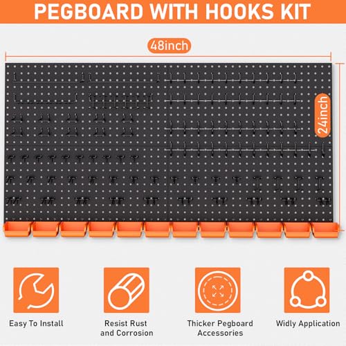 INCLY 48x24 Inch Metal Peg Board Kit with 1/4" Pegboard Hooks Accessories, 4PCS Pegboard Panels and 156PCS Black Pegboard Wall Organizer Tool Storage System for Garage Workbench Shed - size: 48x24 Inch
