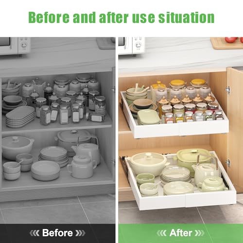 1 Pcs Pull Out Drawers for Cabinets Organizer Expandable Width(11.8"-19.4"), Depth(16.45"-21.7") With 3 Rails, No Drill Roll Out Drawer, Adhesive Sliding Drawers - color: White