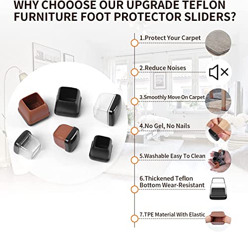 Ezprotekt Chair Leg Sliders for Carpet, 24 Pcs Square Chair Glides for Carpet, Carpet Furniture Pads Stool Leg Protectors Caps, Carpet Furniture Glides Quickly and Easily (L Fit:1" - 1.4") - size: L - Clear
