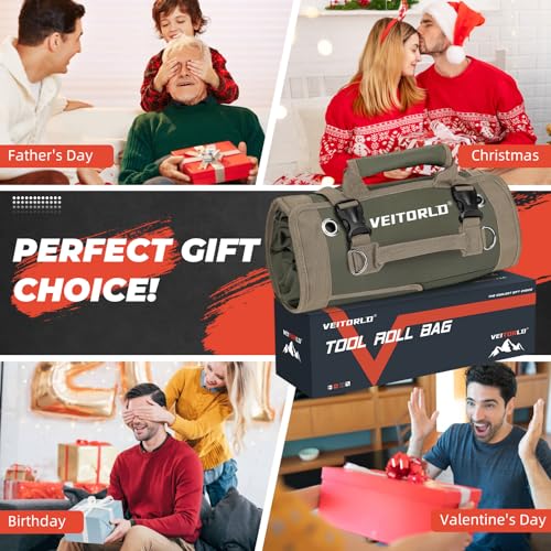 Tool Roll Up Bag, Gifts for Men Dad from Wife Daughter Fathers Day, Portable Tools Box Storage for Men, Heavy Duty Tool Organizer W/Detachable Pouches for Electrician Mechanic Carpenter - style: Roll-Khaki&green