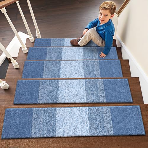 OLANLY Stair Treads Non Slip 15PCS, 8" x 30" Indoor Stair Runners for Wooden Steps, Edging Stair Rugs with Reusable Peel and Stick Adhesive for Kids Elders and Pets, Light Blue - color: Light Blue