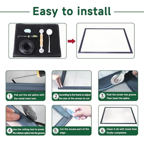 Windows Screen Replacement Kit and Screen Door Repair Kit 48"x118" Durable Fiberglass Mesh Roll with Spline/Roller/Hook/Cutter & Ruler, Sliding Screen Door Replacement for Window & Patio Doors