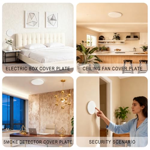 4 Packs Metal 5 Inch Flat Round Ceiling Cover Plate - White Blank Electrical Wall Plate with Screws, 3.5 Inch Hole Spacing, Fits 4 Inch Electrical Box (Ceiling Fan Switch Cap)