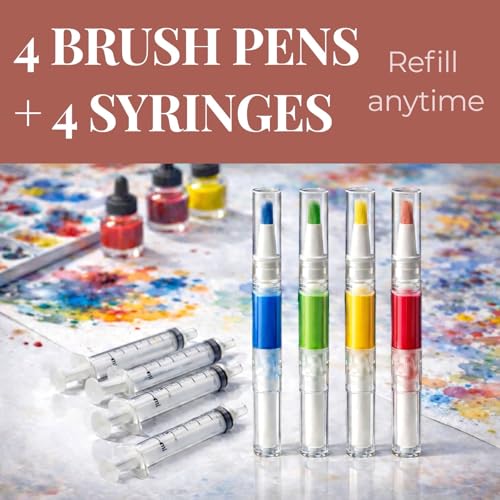 Refillable Touch Up Paint Pen Set, 4 Pcs Fillable Paint Pens with 4 Syringes, Precision Wall Paint Touch Up Brush for Walls, Wood Floors, Cabinets, Doors and Windows