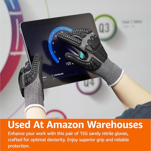 Amazon Basics Impact Protection Work Gloves - Cut Level A2, ANSI Level 4 Abrasion, Touchscreen Compatible, 15G Sandy Nitrile Palm, X-Small, Black with White Edge - size: X-Small