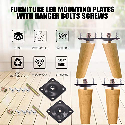 Glarks 8 Sets Black Flat Furniture Leg Mounting Plates Set, 4Pcs Flat and 4Pcs 12 Degree Leg Attachment Plates with 40pcs 5/16" Hanger Bolts Screws for Furniture Sofa Couches Seats