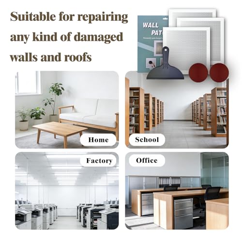 Drywall Repair Kit, 3 Pcs, 12x12in Self-Adhesive Patch for Large Holes and Cracks, with Sandpapers and Scrapers, Quick Fix for Ceiling and Bathroom Wall Damage