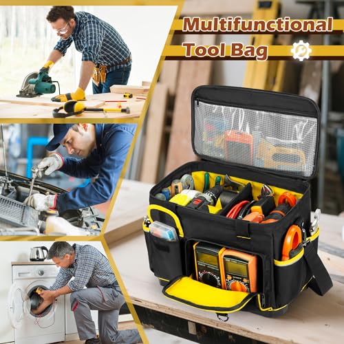 Marscamd 16-inch Tool Bag with Hard Bottom and a Detachable Divider, Heavy Duty Tool Tote with Multiple Pockets, Black