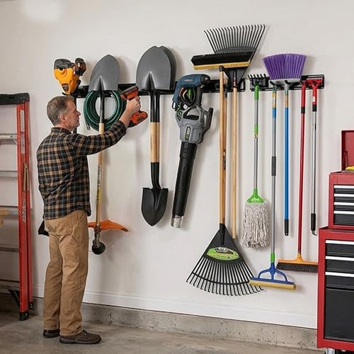 Garage Tool Organizer Wall Mount 80 Inch, Heavy Duty Tool Rack with 5 Racks & 10 Adjustable Hooks, Wall Mounted Garden Tool Storage for Garage, Shed, Holds Shovels, Brooms & Power Tools - size: 10 Hooks