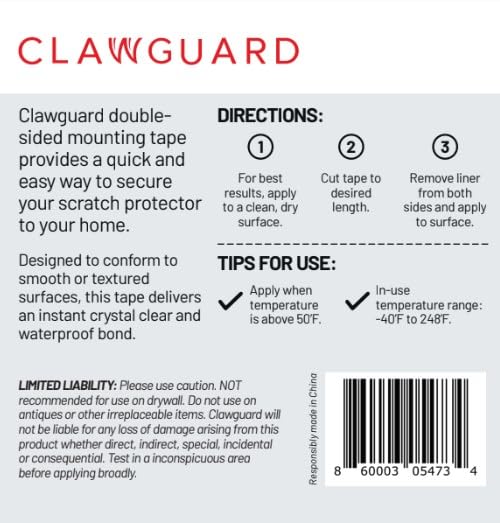 CLAWGUARD Double-Sided Mounting Tape – 1 in x 86 in Clear Heavy Duty Removable Adhesive Tape – Door Shield, Window Sill & Furniture Protector Mount