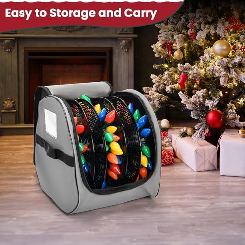 Keten Christmas Light Storage Bag, 600D Oxford Fabric Christmas Light Organizer with Reinforced Handles, 3 Reels Included to Hold 375ft Mini Christmas, Tree Lights & Extension Cords-Grey