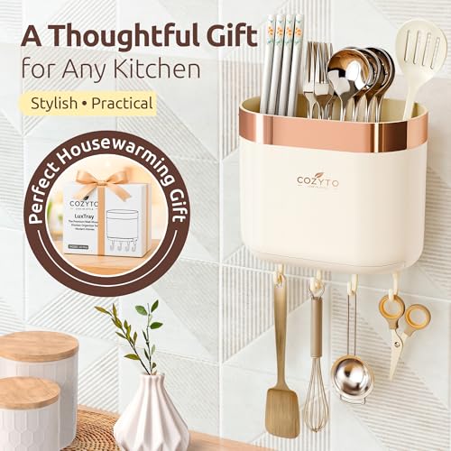 COZYTO LuxTray U1-Pro Wall Mounted Utensil Holder – Kitchen Organizer with Hooks, Dividers & Drain Tray, No-Drill Adhesive Wall Mount Storage, BPA-Free (Cream White & Rose Gold) - color: Cream White & Rose Gold