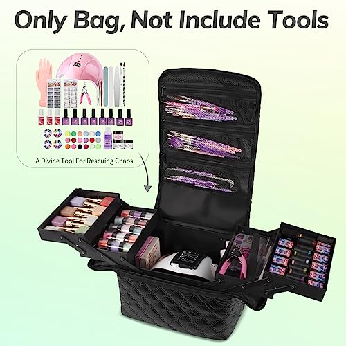 Deciniee Travel Makeup Bag, 4 Trays Large Cosmetic Bag for Woman with Adjustable Dividers, Organizer Bag Waterproof, Travel Essentials Cosmetic Bag, Train Case for Nail Tech Black - color: Black PU Rhombic Regular