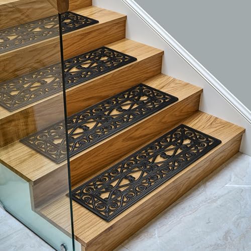 Ottomanson Outdoor Rubber Stair Treads – Scroll Latice Heavy-Duty Non-Slip Stair Mats – Best Grip on Concrete, Brick & Textured Step – Fastening Recommended for Wooden & RV Steps, Pack of 5 - color: Black Scroll Lattice