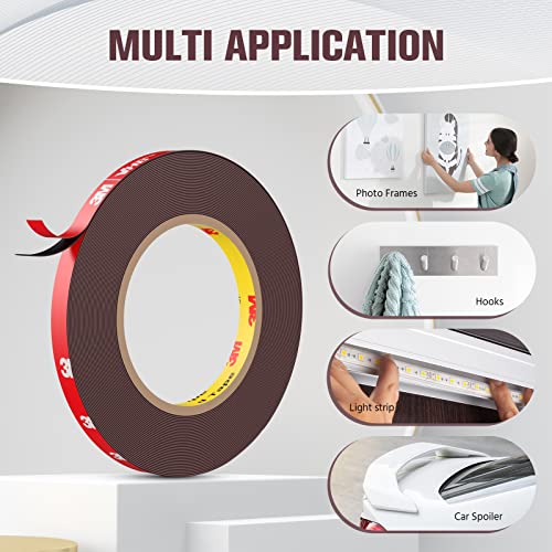 Double Sided Tape, Heavy Duty Mounting Tape Waterproof Foam Tape, 32FT Length, 0.39IN Width for LED Strip Lights, Home/ Office Decor, Made of 3M VHB Tape - size: 33ft