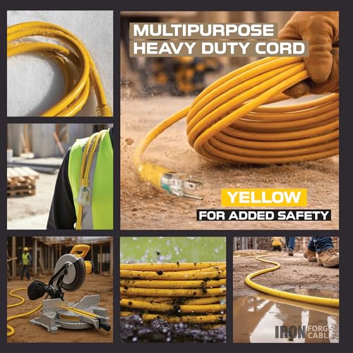 Iron Forge Cable 50 Foot Lighted Outdoor Extension Cord - 12/3 SJTW Heavy Duty Yellow Extension Cable with 3 Prong 15 AMP Grounded Plug for Safety - size: 50FT