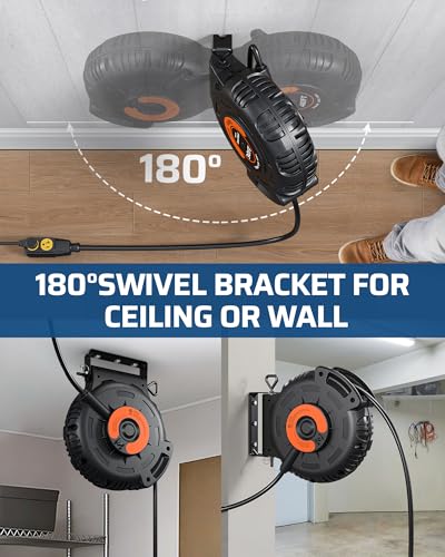 DEWENWILS 20Amp Retractable Extension Cord Reel, 30FT 2500W Heavy Duty Power Cord Reel, 10AWG/3C SJTW Industrial Cable, 4 Grounded Outlets, 180° Swivel Bracket for Garage Workshop Construction Site - style: 10AWG/3C 30FT