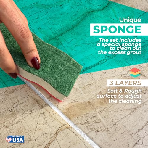 PentaUSA Tile Grout Repair Kit with Removal Tool - Premixed Acrylic Sanded Grout Filler for Bathroom, Shower, and Kitchen, Includes Applicator Spatula, and Sponge - White (8.8oz / 250g) - style: White