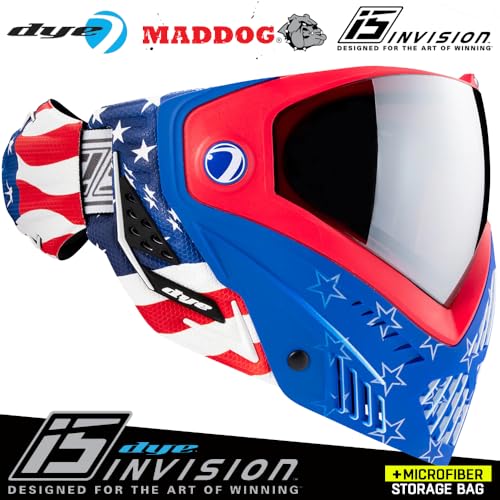 Maddog Dye i5 Thermal Anti-Fog Paintball Airsoft Mask Goggle System Combo with Microfiber Bag | Safety Certified Protection - color: Merica Red/White/Blue