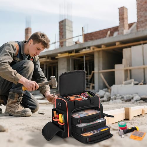 Marscamd Tool Bag with 3 Removable Cases, 2 Layers Tool Tote for Hand Tools, Black with Red Binding - color: Black with Red Binding