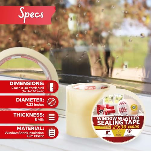 XFasten Transparent Window Weather Stripping Tape 2”x30yds (3-Pack Total 90yds), No Residue Insulation Tape for Windows and Doors, Winter Window Seal - size: 2" x 30Yds 3PK