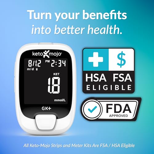 KETO-MOJO GK+ Bluetooth Glucose & Ketone Testing Kit + Free APP for Ketosis & Diabetes Support. 20 Blood Test Strips (10 Each), Meter, 20 Lancets, Lancing Device, and Control Solutions