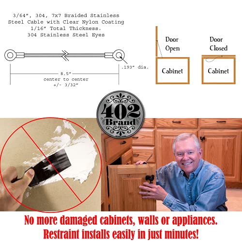 Stainless Steel Cabinet Door Restraint Kit. Made in USA. Flexible Braided Cable. Cupboard Door Hinge Limiter. Restrict Cabinet Door Swing. Door Swing Limiter. Includes Mounting Screws - size: 50 Pack