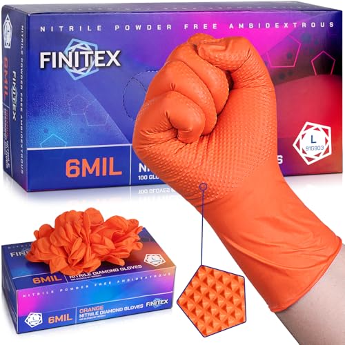 FINITEX Industrial Diamond Texture Nitrile Orange Glove - 100/1000PCS Chemical Resistant 6.3mil Mechanic Disposable Gloves - color: Orange (Large 1000)