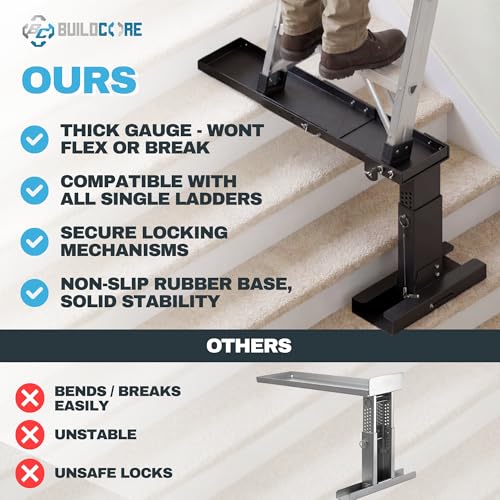 Foldable Ladder Leveler for Stairs, 11"–18.5" Adjustable Height, Carbon Steel Foldable Stabilizer, Fits Extension, Straight & Telescoping Ladders, Tool-Free Pin Lock, Non-Slip Rubber Base, 500lb Cap