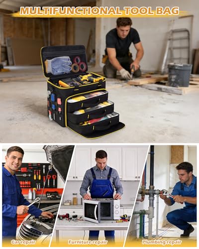Marscamd 2 Layers Tool Bag with 3 Clear Window Removable Cases, Heavy Duty Tool Tote with Molle Webbing and Detachable Shoulder Strap, Black/Yellow - color: Black/Yellow