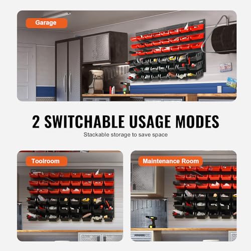VEVOR 48-Bin Wall Mounted Storage Bins Parts Rack Organizer Garage Shop Tool Organizer for Screws, Nuts, Bolts, Nails, Beads, and Small Hardware Parts, With Wall Panels - style: 48-Bins