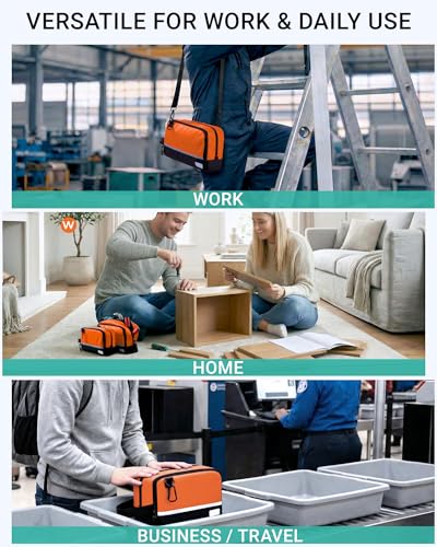 2 Pack Small Tool Bags Zipper Pouch for Organizing, with Adjustable Shoulder Strap & Carabiner, Utility Small Tool Pouch with Multi Pocket Compartments and Label Area (12" & 10") - color: Green/Orange
