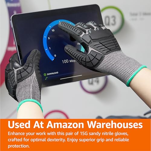 Amazon Basics Impact Protection Work Gloves, Cut Level A2, ANSI Level 4 Abrasion, Touchscreen Compatible, Sandy Nitrile Palm, Large, Black with Green Edge - size: Large