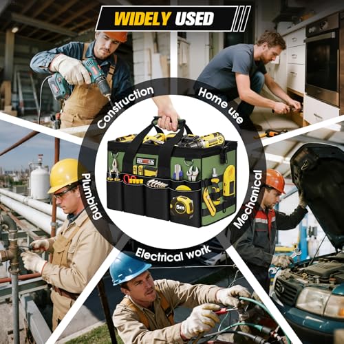 16-Inch Heavy Duty Tool Bag, 19-Pockets Tool Box Organizer, Portable Toolbag W/Soft Handle for Organized Storage, Mechanic Gifts for Men Dad Husband Fathers Day, Wide Mouth Electrician Toolbox, Green - style: Handle-Green