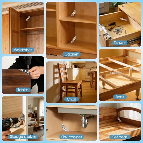 24-Pack Premium Stainless Steel Corner Brackets for Wood, Heavy Duty Furniture Corner Connectors Braces for Cabinets, Tables, Chairs, Drawers Universal Metal Triangle Brackets with 144 Screws