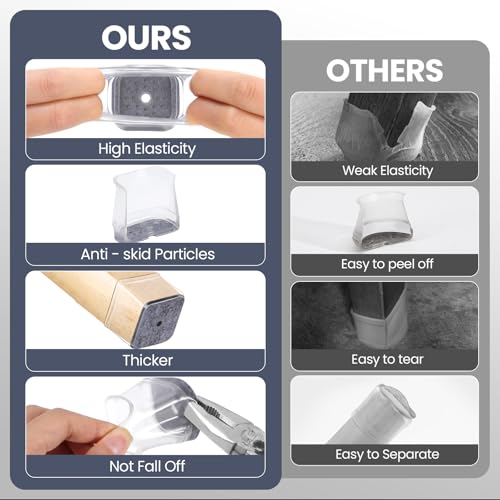 16 Pcs Chair Leg Floor Protectors Square for Hardwood Floors - Silicone Felt Furniture Pads - Chair Leg Caps - Clear Rubber Chair Sliders - S(Fit:0.5"-0.75") - size: Square-Small
